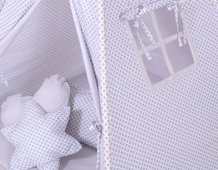 Teepee tent for kids +play mat + decorative feathers - grey rosette