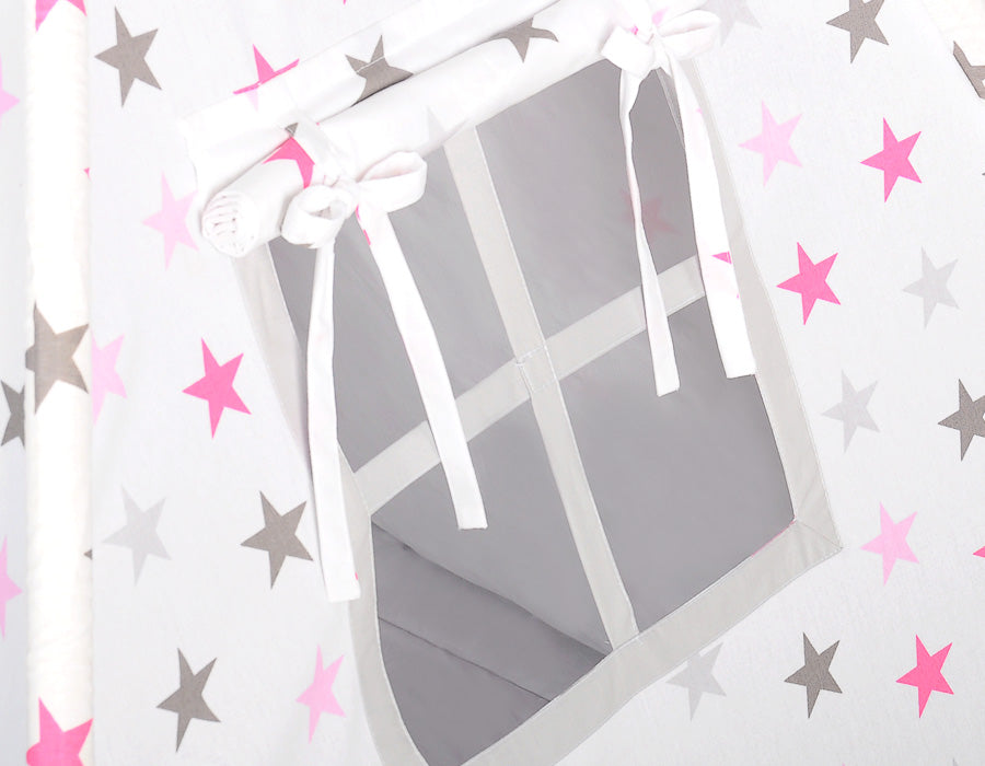 Teepee tent for kids +play mat + decorative feathers - Grey-pink stars/grey