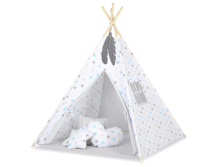Double-sided teepee playmat with filling - Grey-blue stars/grey