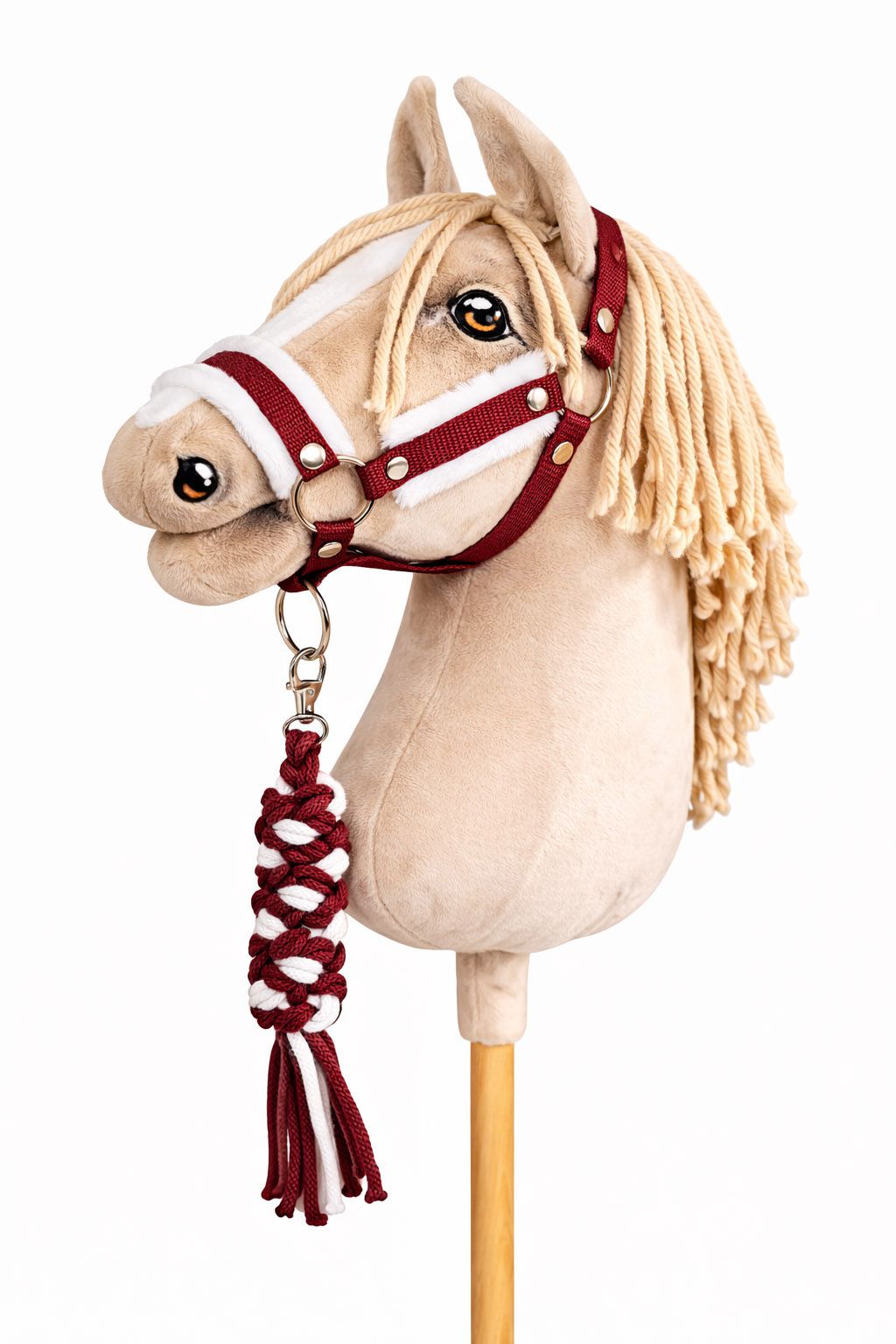 Set for Hobby Horse: the halter A3 with white furry + Tether made of cord - white-burgundy