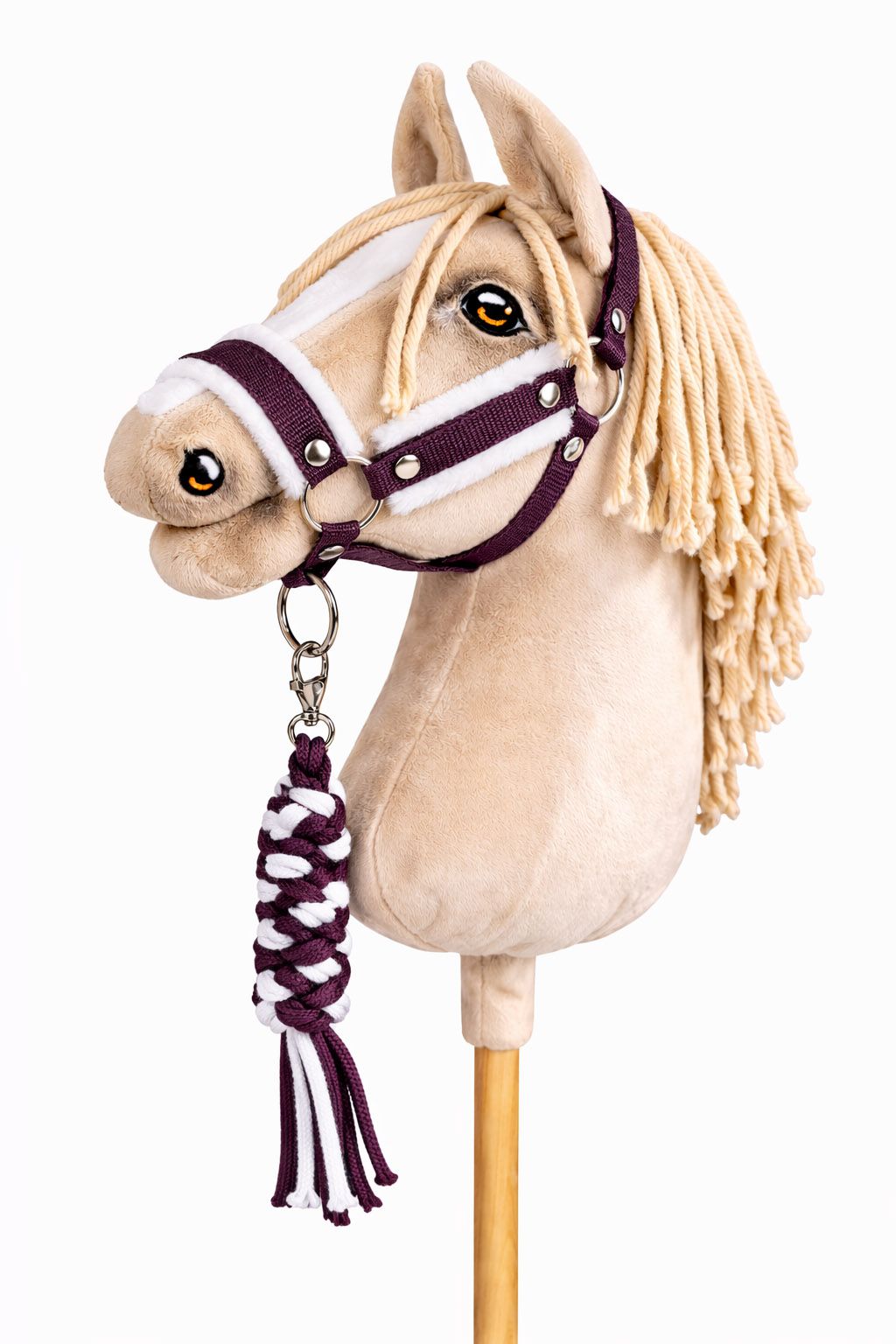 Set for Hobby Horse: the halter A3 with white furry + Tether made of cord - white-plum