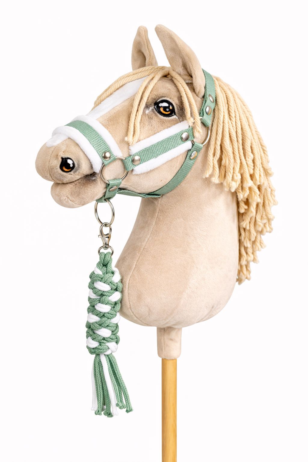 Set for Hobby Horse: the halter A3 with white furry + Tether made of cord - white-sage