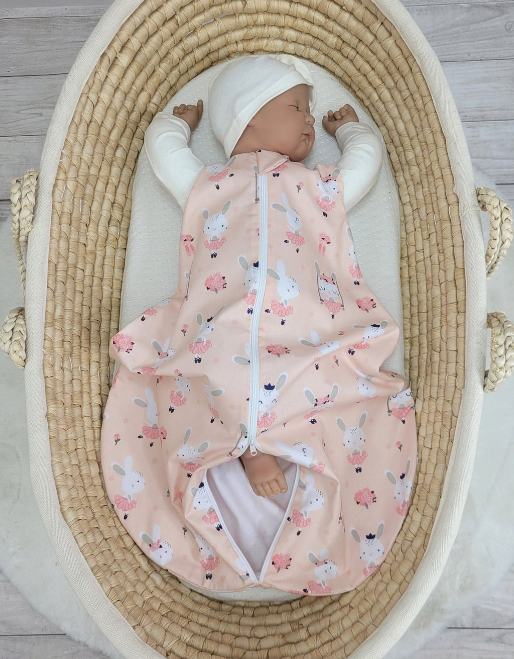 Cotton baby sleeping bag S 0-6 months for summer TOG 1.0 - ballerina bunnies in pink