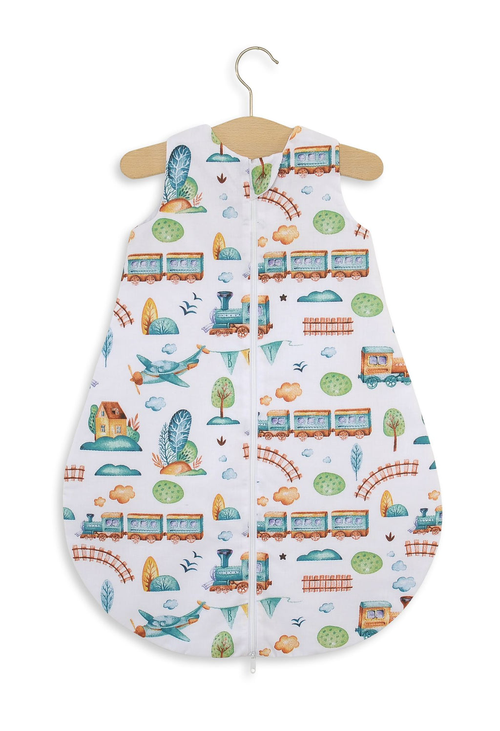 Cotton baby sleeping bag S 0-6 months for summer TOG 1.0 - turquoise train
