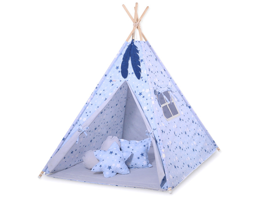 Double-sided teepee playmat with filling - blue-navy blue stars/gray
