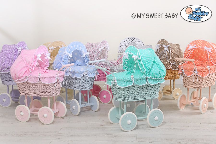 Wicker dolls' pram with peach bedding and padding - white