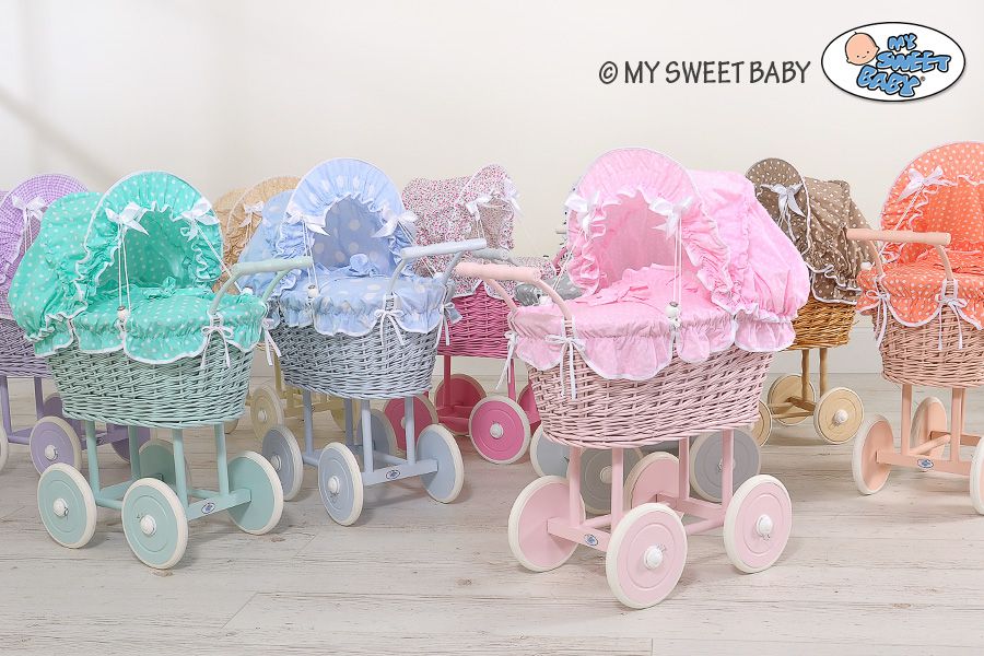Wicker dolls' pram with red bedding and padding - white