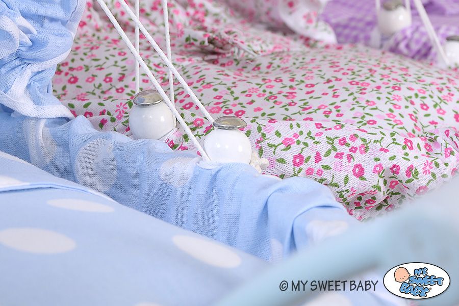 Wicker dolls' pram with pink bedding and padding NATALIA natural