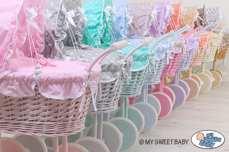 Wicker dolls' pram with turquoise bedding and padding - white