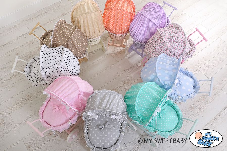 Wicker dolls' pram with grey bedding and padding - white
