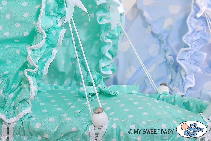 Wicker dolls' pram with mint bedding and padding - white