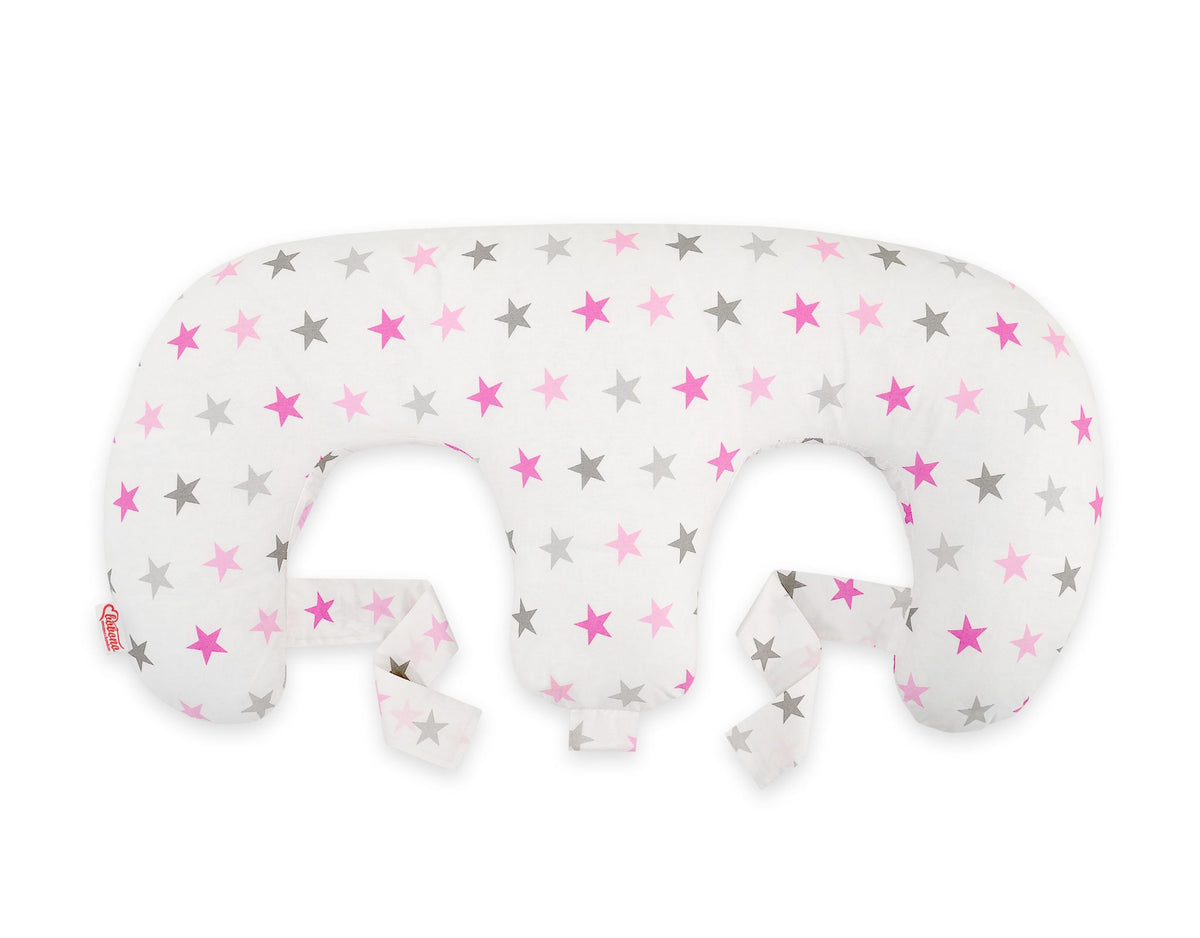 Twin nursing pillow, Breastfeeding Croissant Pillow, removable, Hands-Free Feeding- Grey-pink stars