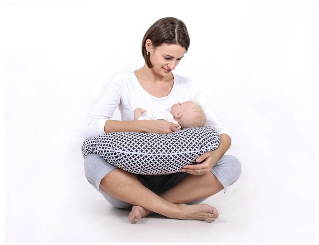Breastfeeding Pillow Nursing Croissant Pillow, removable, Hands-Free Feeding - Black dots on white