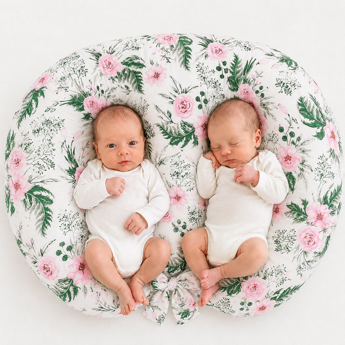 Twin nursing pillow, Breastfeeding Croissant Pillow, removable, Hands-Free Feeding-peony flower pink