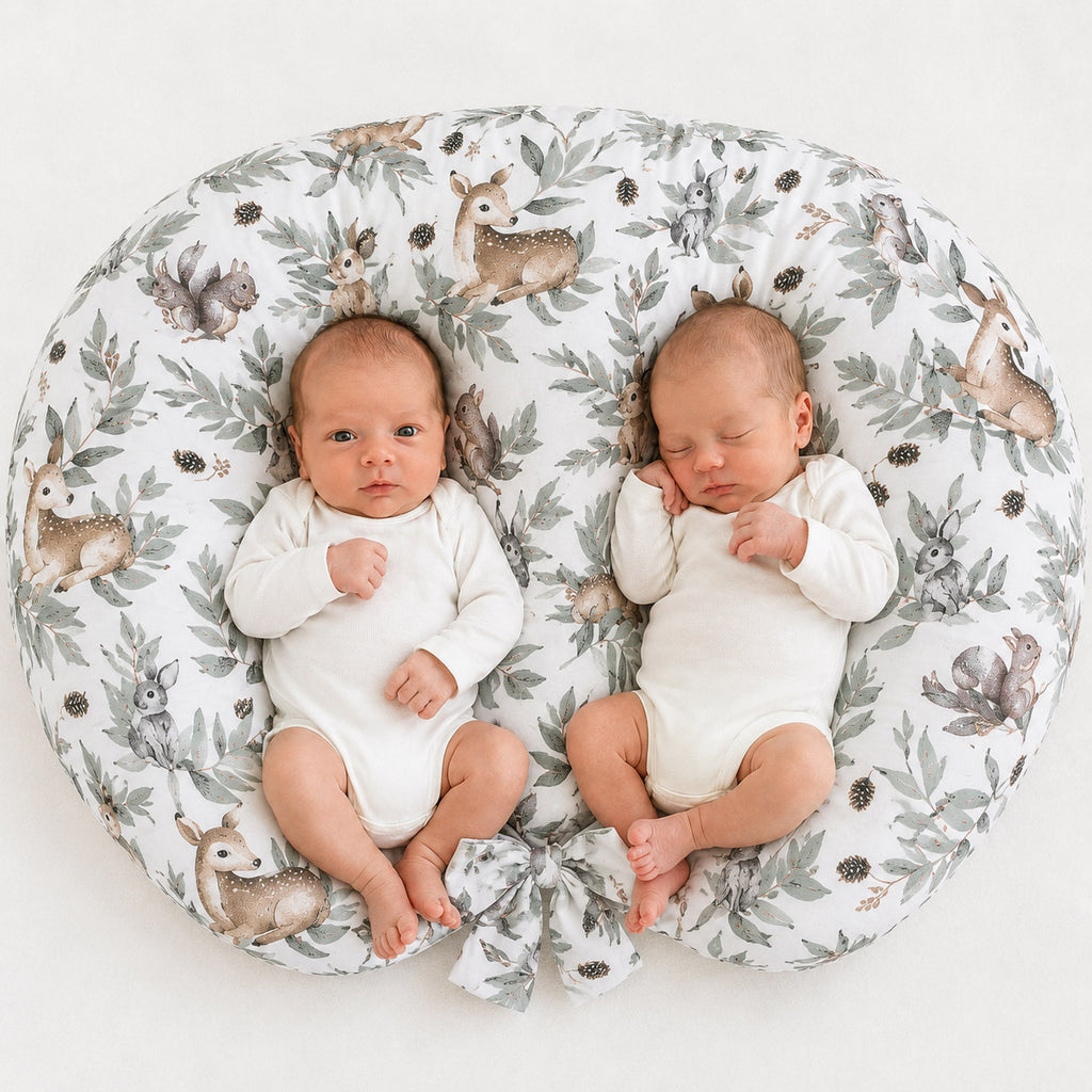 Twin nursing pillow, Breastfeeding Croissant Pillow, removable, Hands-Free Feeding- woodland olive