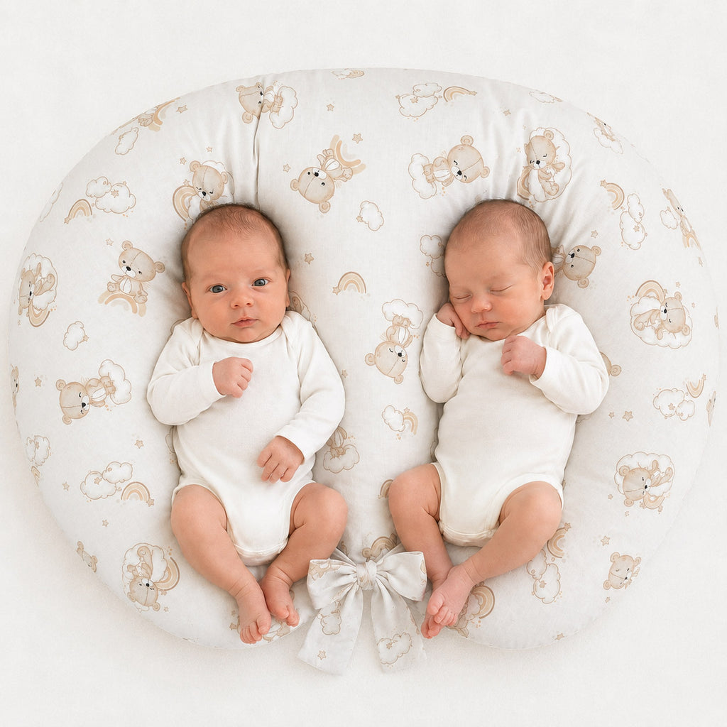 Twin nursing pillow, Breastfeeding Croissant Pillow, removable, Hands-Free Feeding- rainbow bear