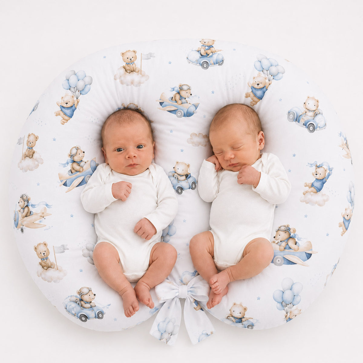 Twin nursing pillow, Breastfeeding Croissant Pillow, removable, Hands-Free Feeding- Blue Sky Bears