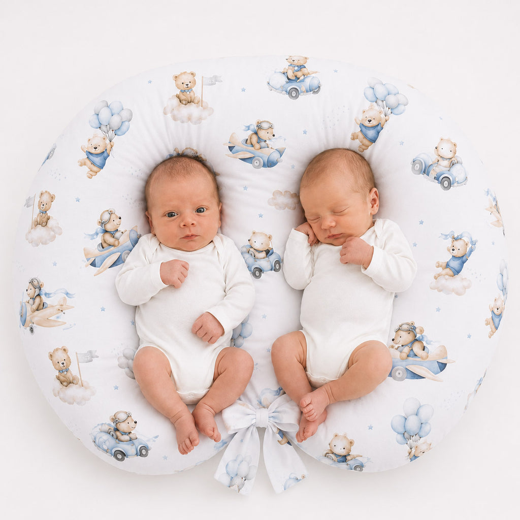 Replacement Cover for Bobono Twin Nursing Pillow – 100% Cotton - Blue Sky Bears