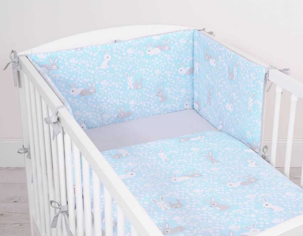 Double-sided baby cotton bedding set 2-pcs - blue rabbits/gray