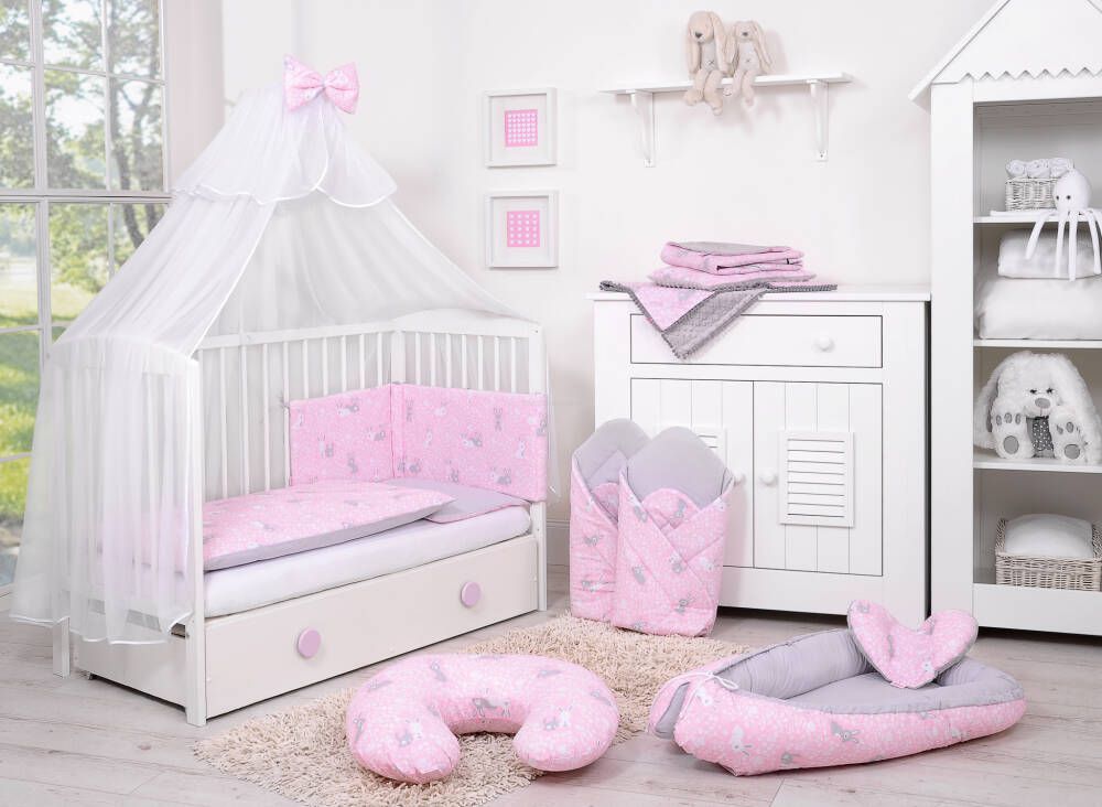 Baby cotton bedding set 2-pcs 135x100 cm- pink rabbits/grey