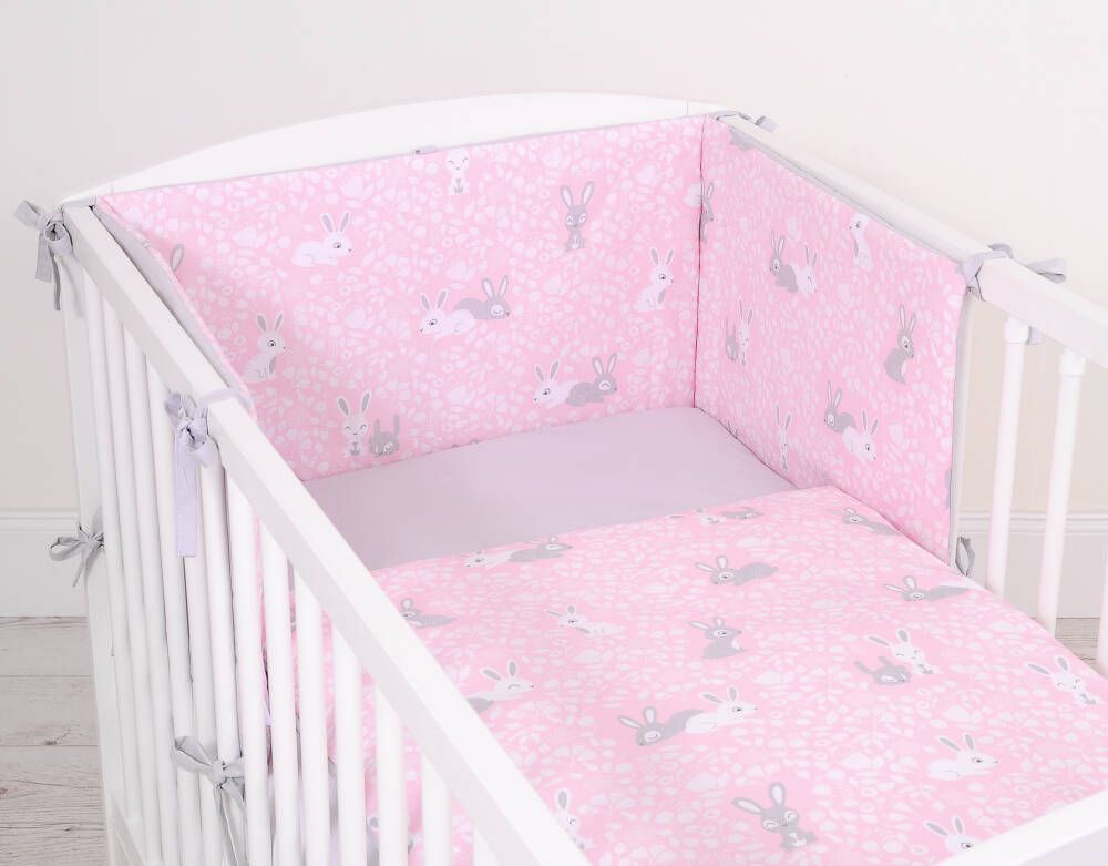 Baby cotton bedding set 2-pcs 120x90 cm- pink rabbits/grey