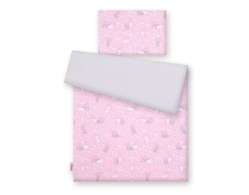 Baby cotton bedding set 2-pcs 120x90 cm- pink rabbits/grey