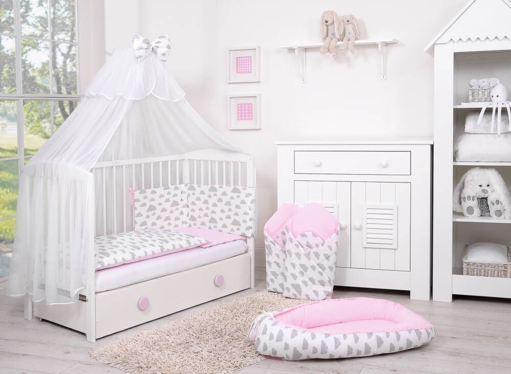 Baby cotton bedding set 2-pcs - clouds gray/pink