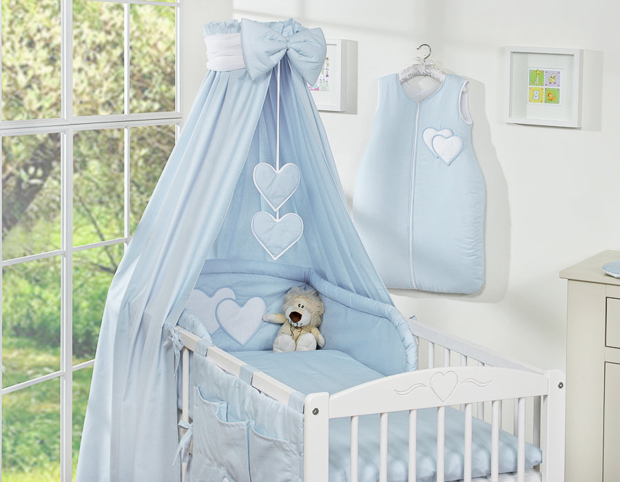 Bedding set 5-pcs 135x100 with canopy - Hanging Hearts blue