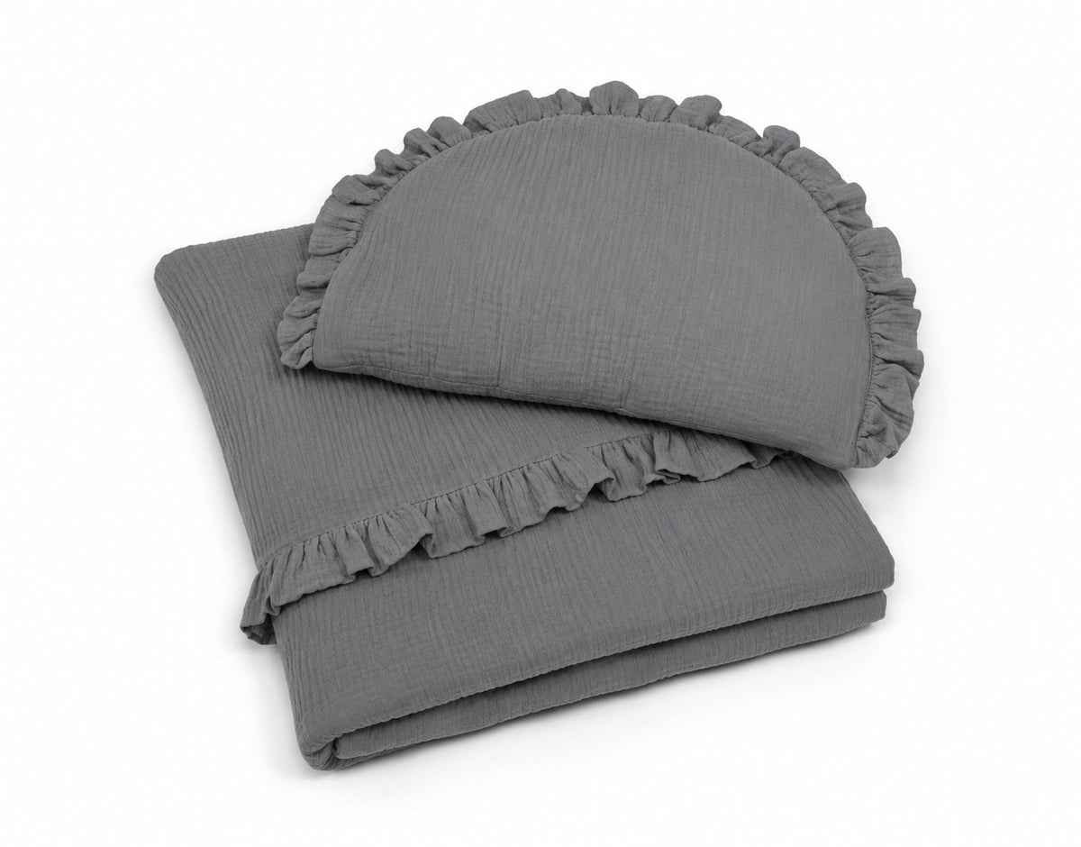 Duvet and a flat pillow MUSLIN with a frill- 2pcs set - anthracite