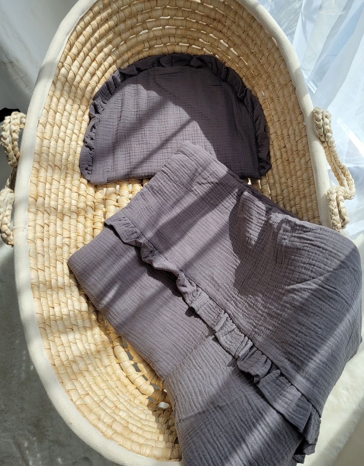 Duvet and a flat pillow MUSLIN with a frill- 2pcs set - anthracite