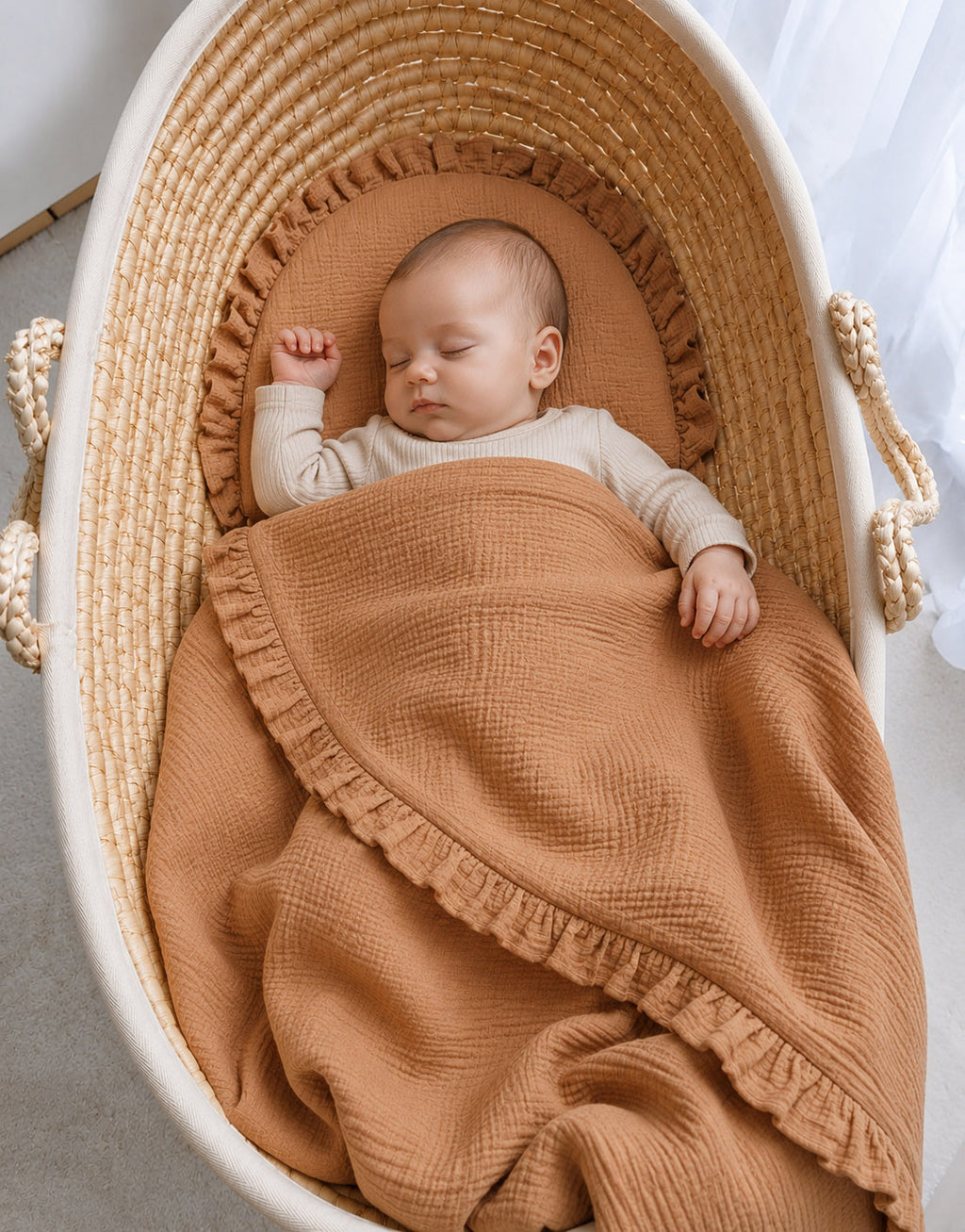 Duvet and a flat pillow MUSLIN with a frill- 2pcs set - camel