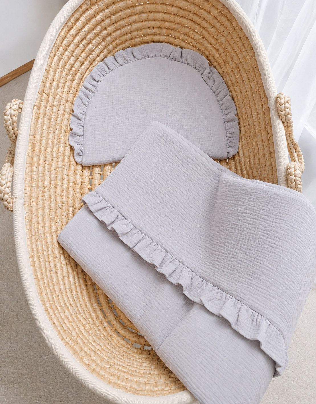 Duvet and a flat pillow MUSLIN with a frill- 2pcs set - grey