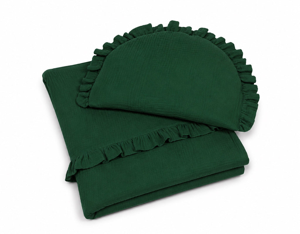 Duvet and a flat pillow MUSLIN with a frill- 2pcs set - forest green
