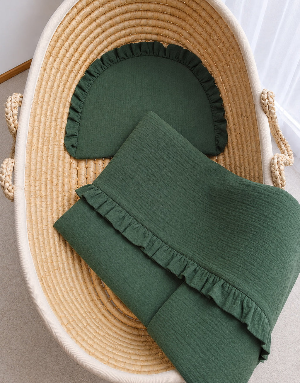 Duvet and a flat pillow MUSLIN with a frill- 2pcs set - forest green