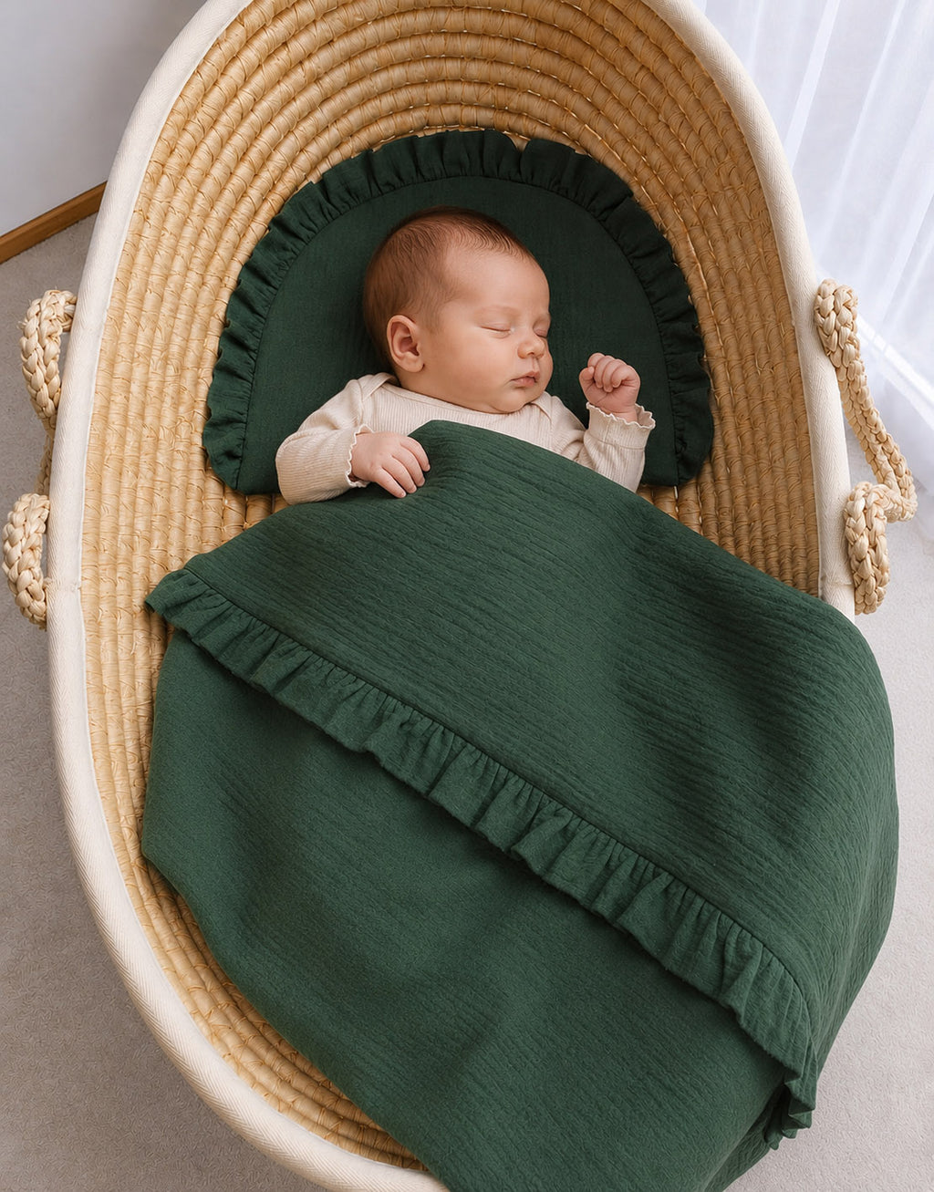 Duvet and a flat pillow MUSLIN with a frill- 2pcs set - forest green