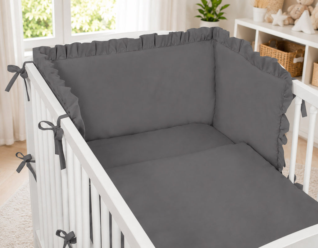 Universal baby bed bumper with frill - anthracite