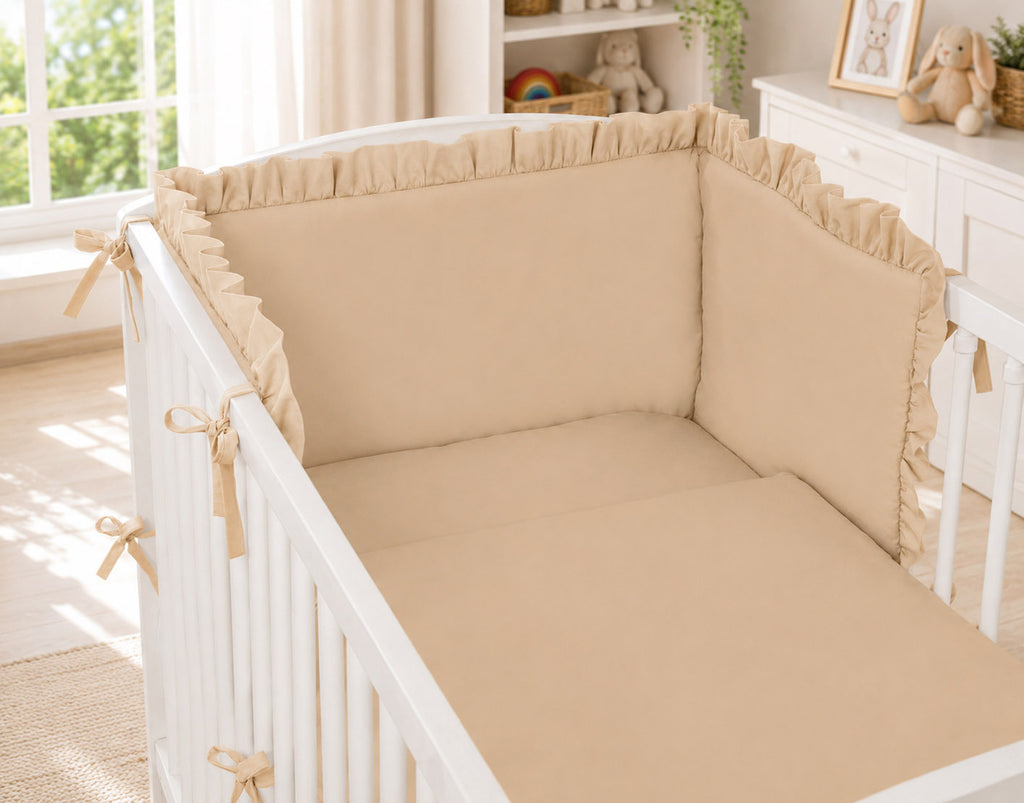 Universal baby bed bumper with frill - beige