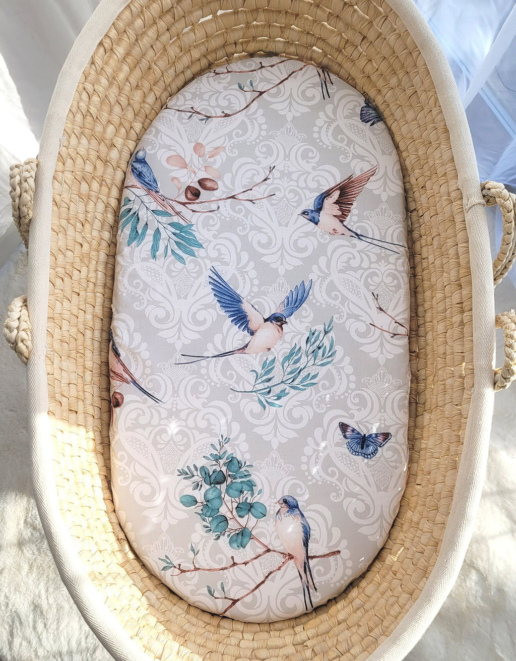 Sheet made of cotton for for prams, moses basket mattress 75x35 cm - Blue birds