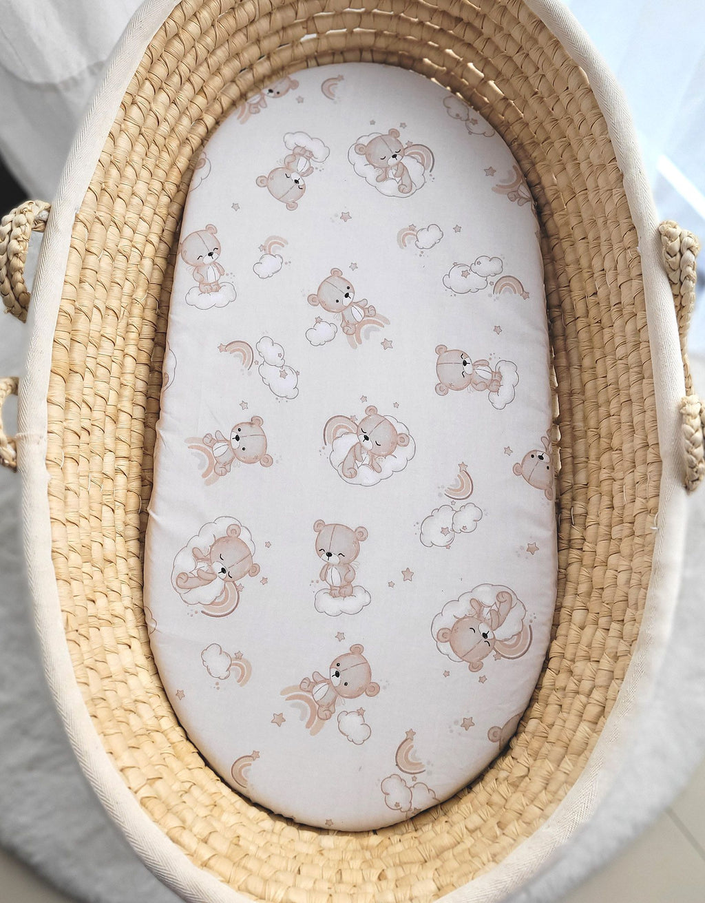 Sheet made of cotton for for prams, moses basket mattress 75x35 cm - Rainbow beige bear