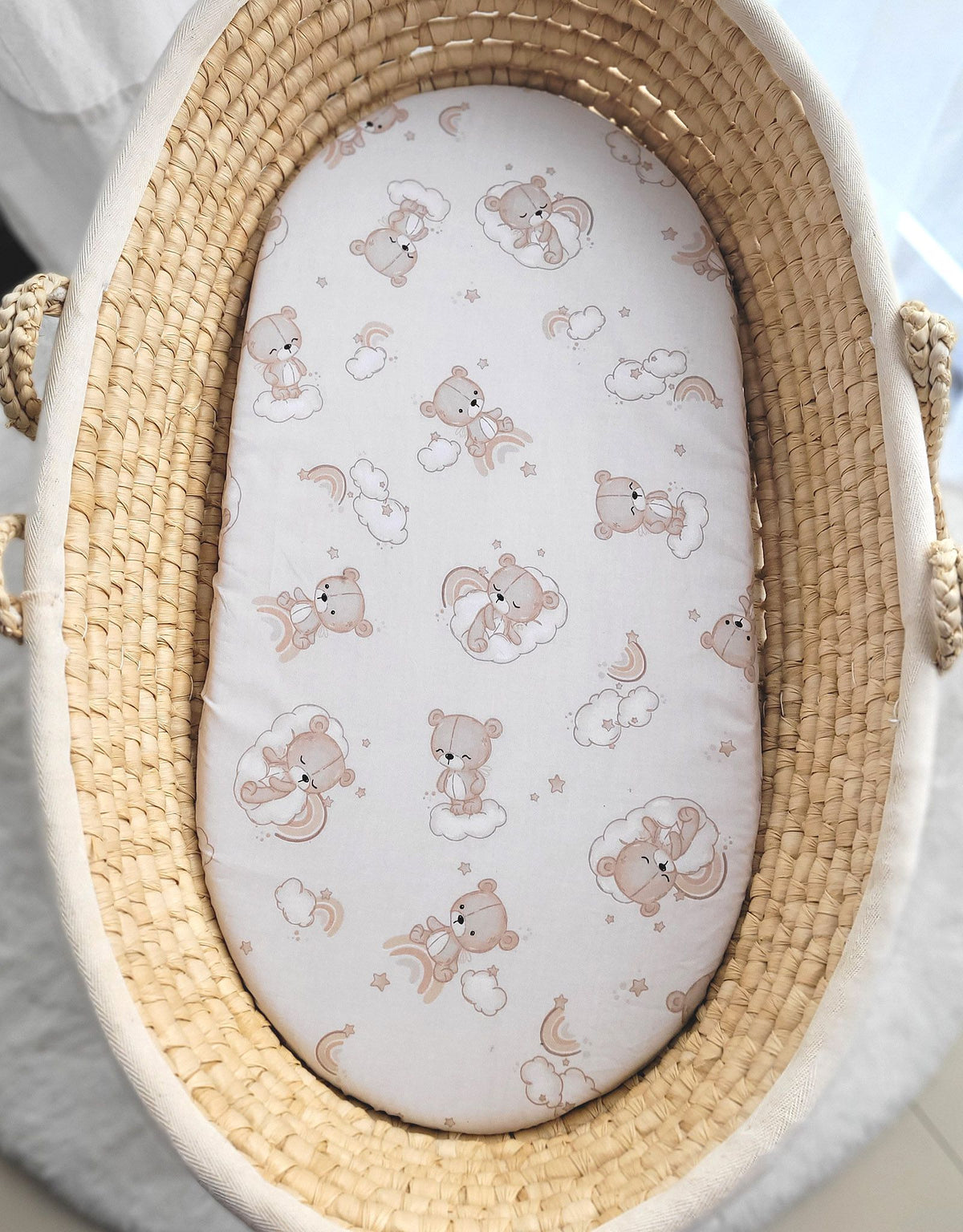 Sheet made of cotton for for prams, moses basket mattress 75x35 cm - Rainbow beige bear