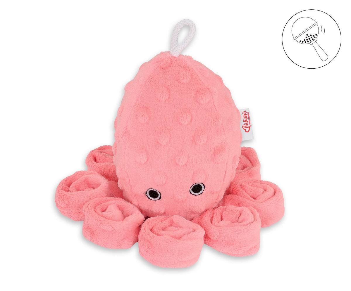 Cuddly octopus with rattle - coral - polka dot minky