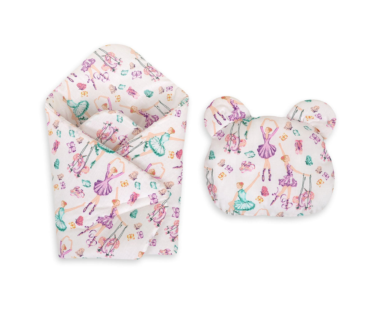 Doll's swaddling cone with pillow - ballerinas lilac
