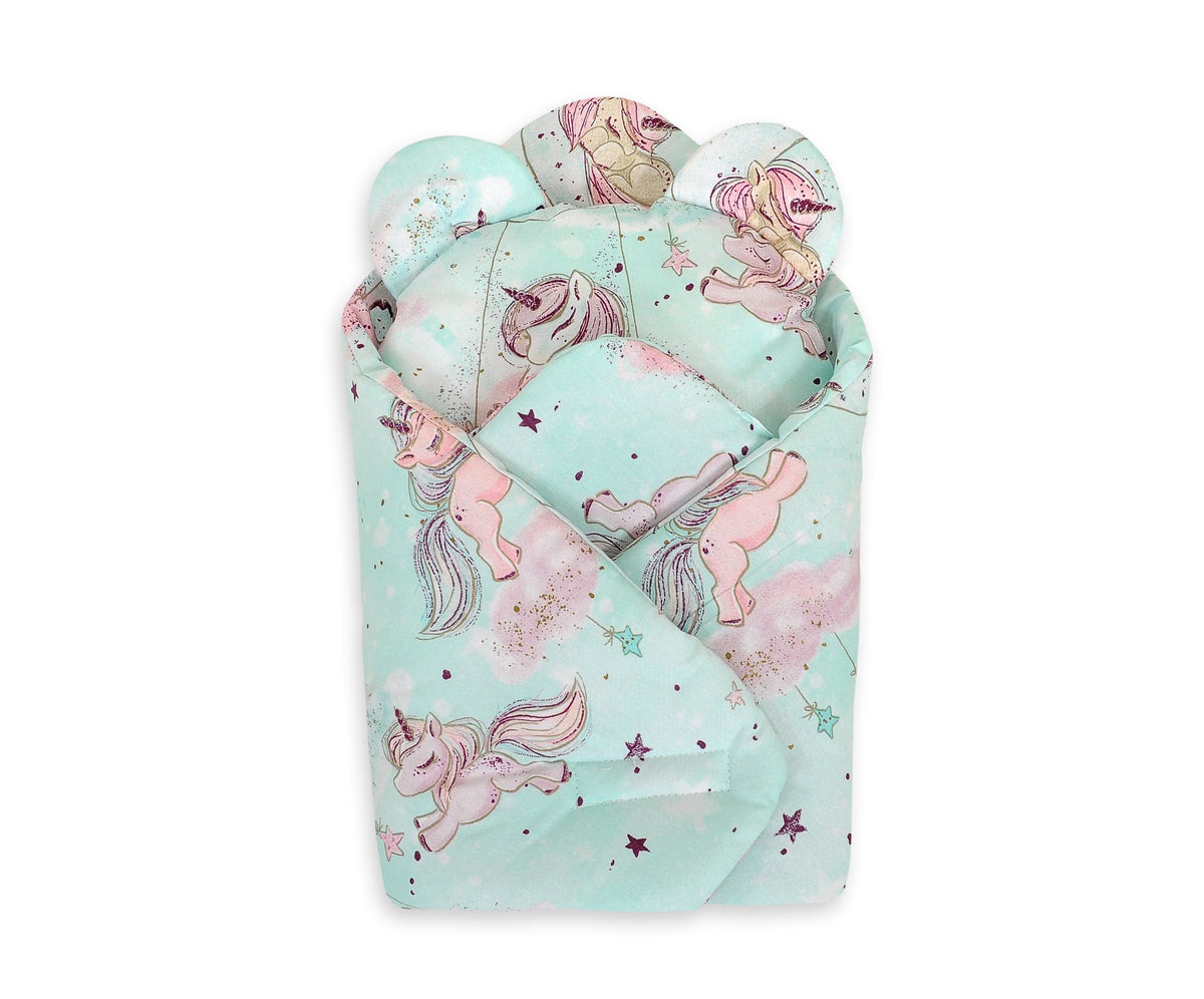 Doll's swaddling cone with pillow - unicorn mint