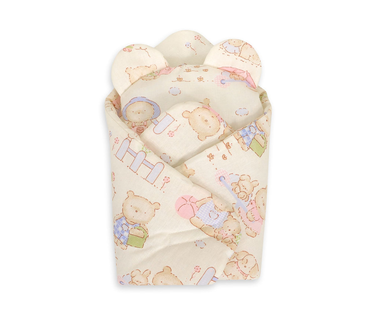 Doll's swaddling cone with pillow - teddy bear family