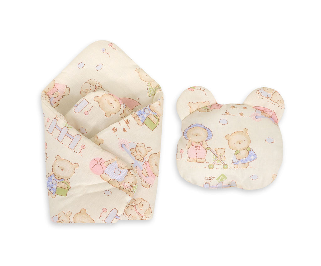 Doll's swaddling cone with pillow - teddy bear family