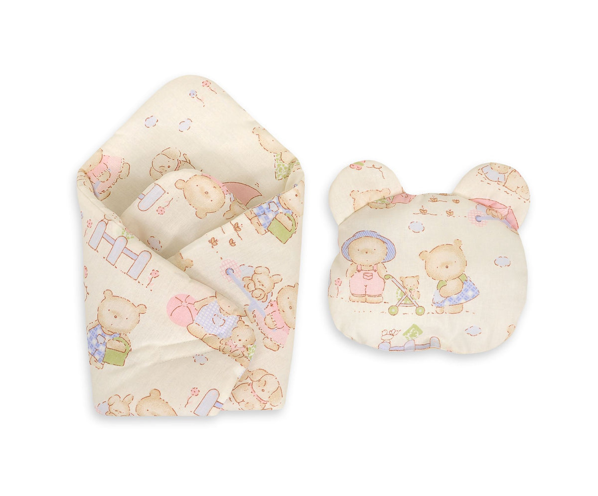 Doll's swaddling cone with pillow - teddy bear family