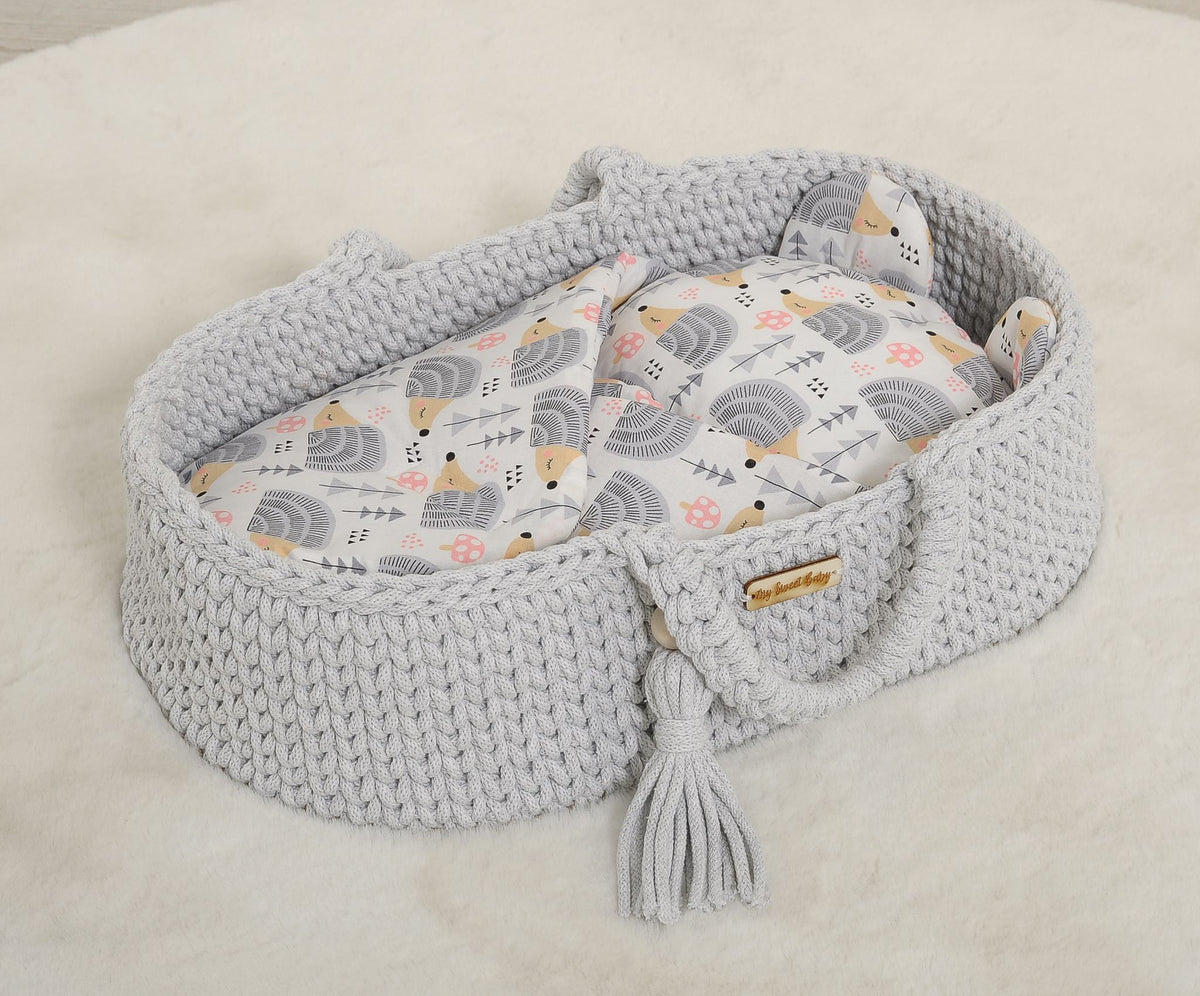 Doll's swaddling cone with pillow - hedgehogs grey