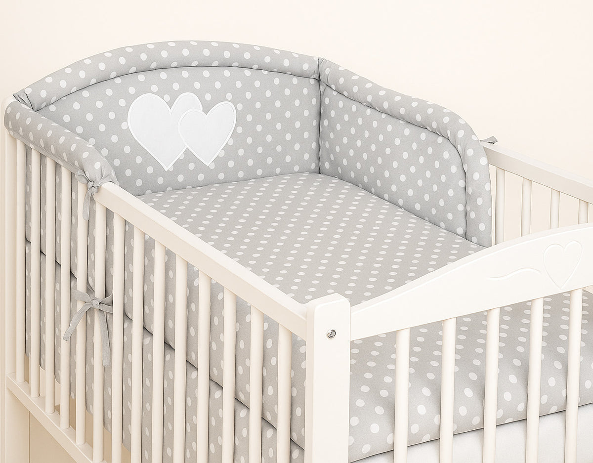 Universal crib rail bumper – Hearts white dots on gray