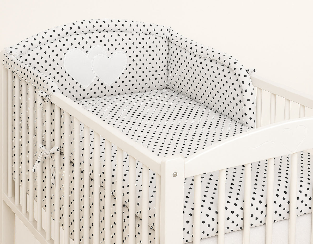Universal crib rail bumper – Hearts black dots on white