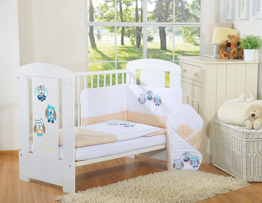Baby bedding set 135x100 cm with bumper 3-pcs Beige owls with beige and blue embroidery